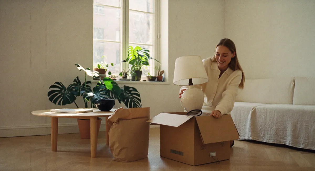 A woman smiles as she lifts a ceramic table lamp out of a cardboard box in a bright living room.